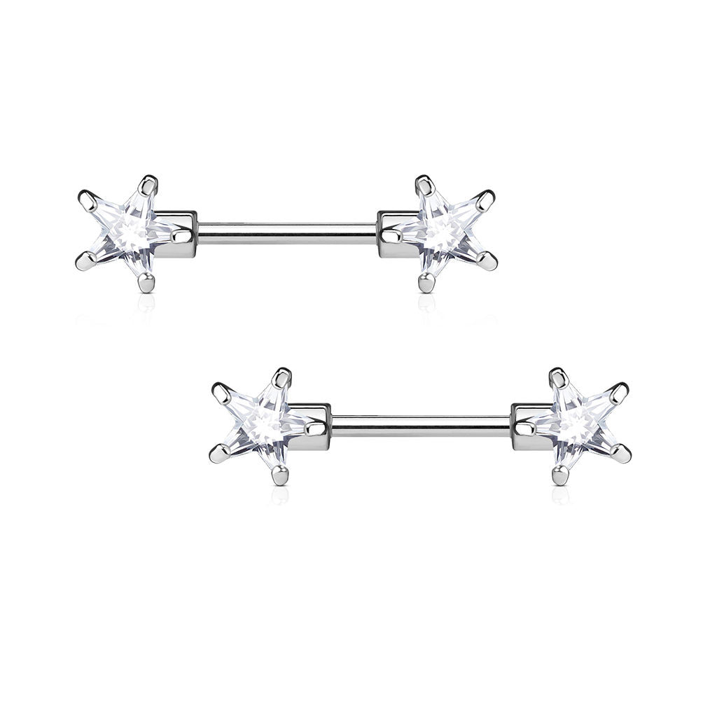 Pair of Nipple Barbells 14G Surgical Steel with Star Shaped Prong Set CZ Gems
