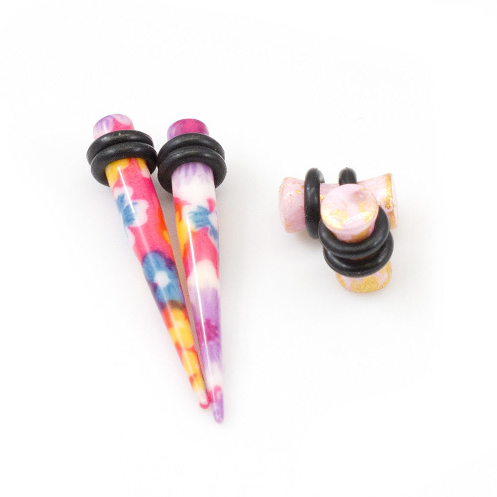 Ear Plugs with Tapers Stretching kit Colorful Flower Design with O rings