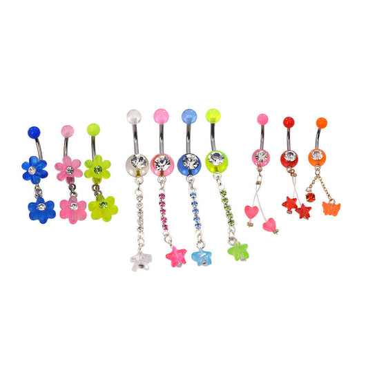 Pack of 10 Assorted Belly Button Ring Dangles 316l Surgical Steel 14ga w/CZ Gem