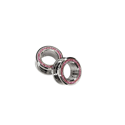 Pair of Screw Fit Surgical Steel Flare Tunnels with Press Fit Pink CZ Jewels