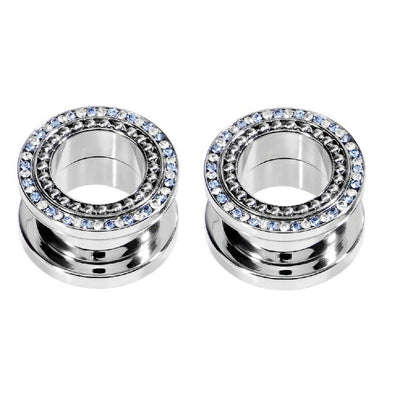 Pair of Tunnels Screw Fit Surgical Steel with 2 Color Cubic Zirconia Jewels
