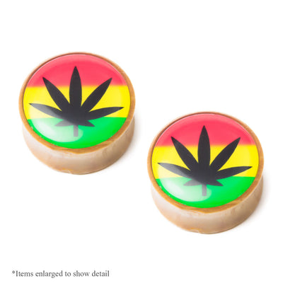 Pair of Jamaican Rasta Pot Leaf Wood Ear Plugs - Clear Epoxy Coated - 6G - 1/2"