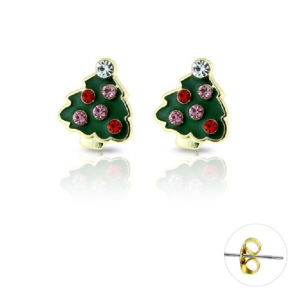 Holiday Earrings Studs Gold Plated Enamel Christmas Tree Gift Box Included