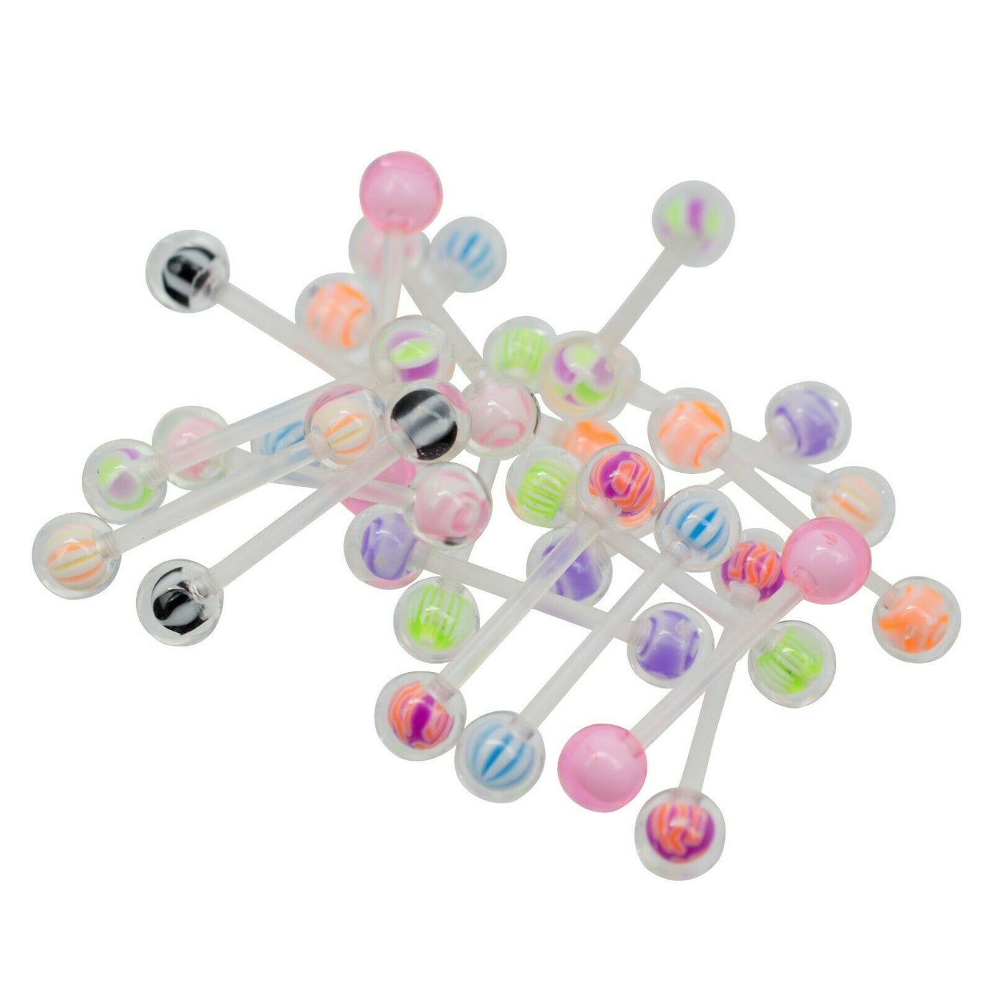 Tongue Barbells Pack of 20 with Acrylic Transparent Ball Design Assorted 14g