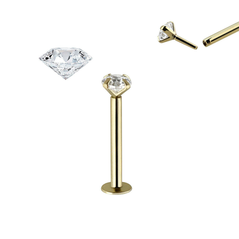 Labret Push in 14K Gold with 2mm CZ Jewel threadless can be use Nose Ear Lip and more