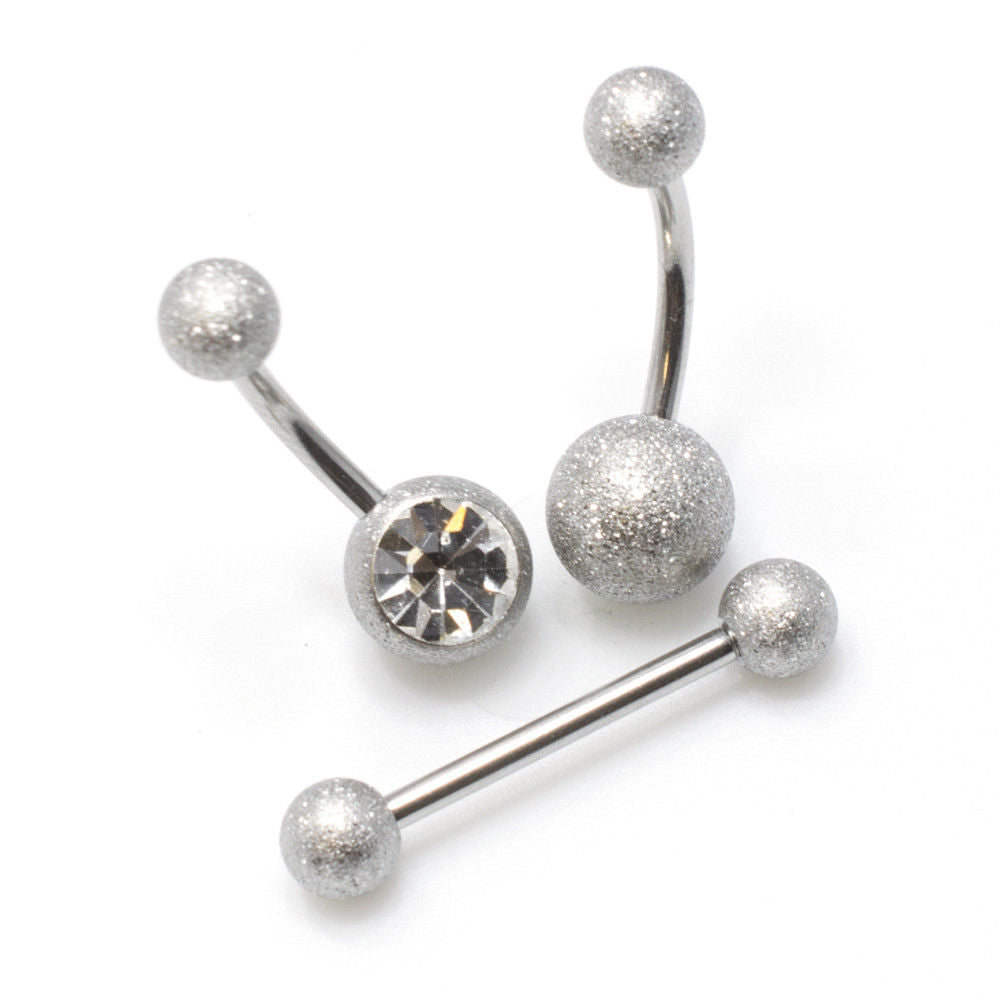 Belly Button Ring and Tongue Ring Barbell Package of 3 Sand Finish CZ Jewelry