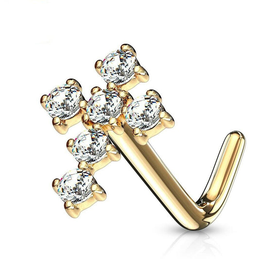 Nose Ring L-shape 14Kt. Gold with CZ Paved Cross Top 20ga