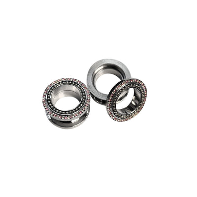 Pair of Surgical Steel Screw Fit Ear Plug with Pink & Clear CZ Gems