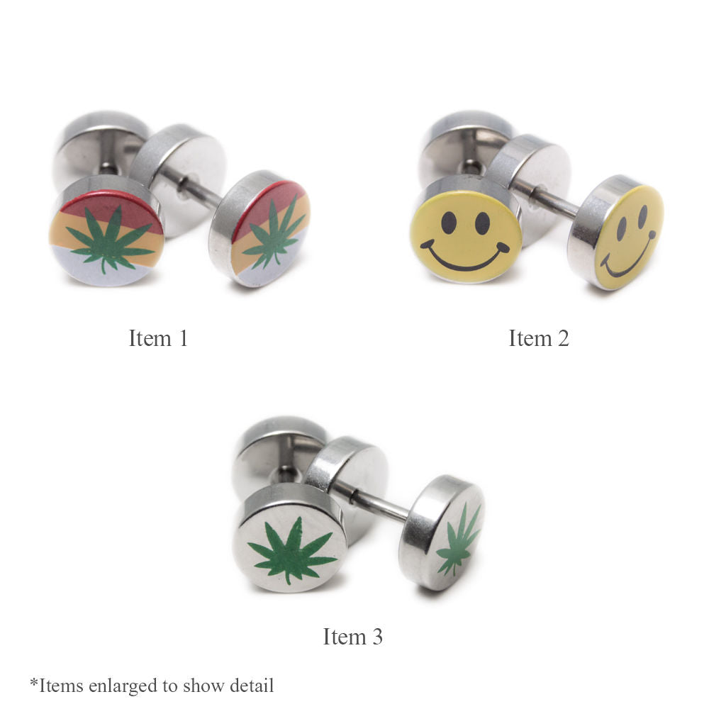 Pot Leaf and Smiley Logo Design Fake Ear Plugs 14 Gauge