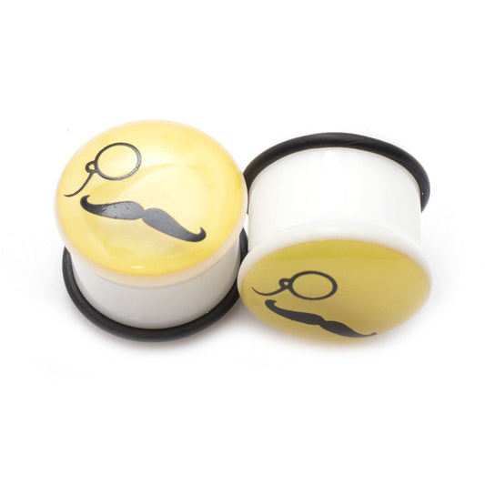 Pair of Mustache and Monocle Glow In The Dark Ear Plugs - 6 Gauge to 7/8"