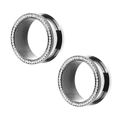 Pair of Large Gauge Surgical Steel Screw-Fit Ear Plug with Clear CZ Jewels