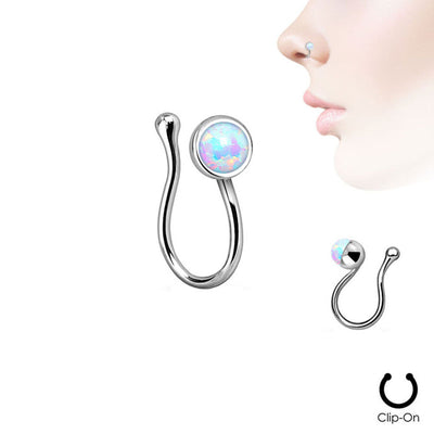 Fake Non-Piercing Nose Clip - Rhodium Plated with Bezel-Set Opalite - Sold Each