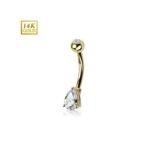 14K Gold Belly Ring Tear Drop CZ Prong Set 14 Karat Solid Yellow Gold Navel Ring