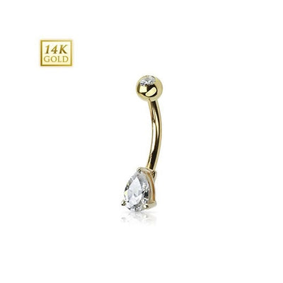 14K Gold Belly Ring Tear Drop CZ Prong Set 14 Karat Solid Yellow Gold Navel Ring