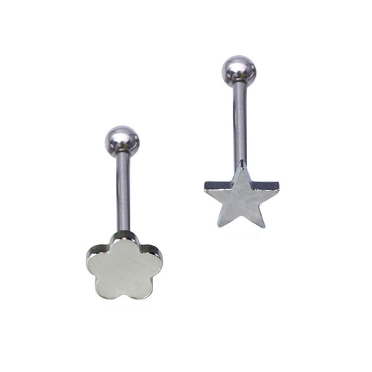 Tongue Ring 14ga Surgical Steel Barbell Flower & Star Design 2 Pack