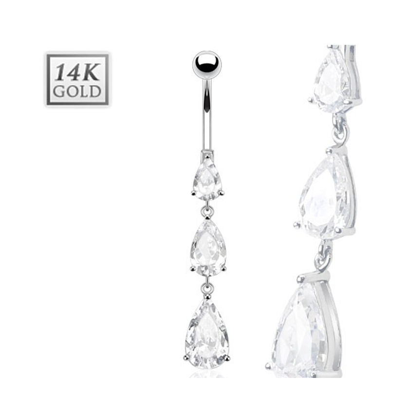 14K Solid White Gold Navel Ring - Cascading Teardrop CZ Dangle Belly Ring