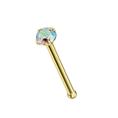 Nose Bone Stud 9Kt Solid Yellow Gold with Prong Set Aurora Borealis CZ  20ga