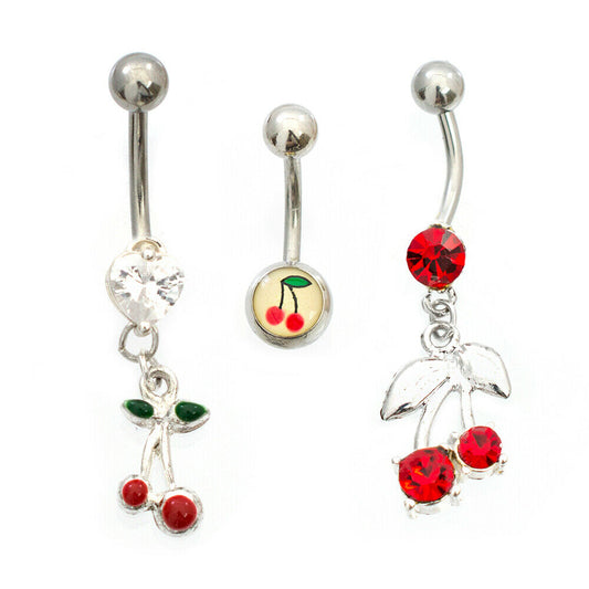 Belly Button Ring Pack of 3 With Cherry and Cubic Zirconia Design 14g