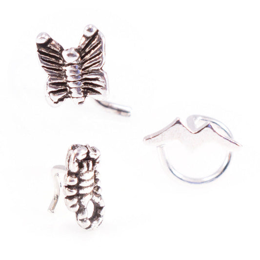 Nose Ring Studs Screw Set of 3 Scorpion Butterfly and Bat Design 22g