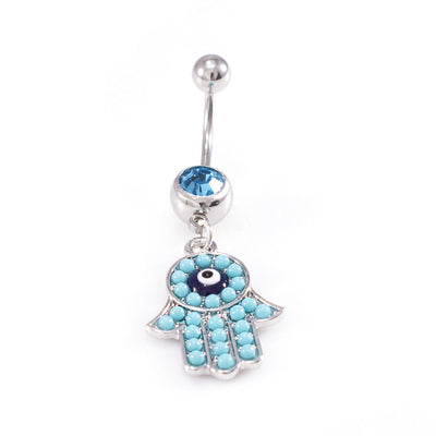Belly Button Rings Hamsa Hand Dangle Design and Aqua CZ Jewels / Navel Piercing