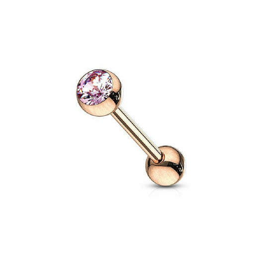 Tongue Barbell with Crystal Set Rose Gold IP Over Surgical Steel 14ga