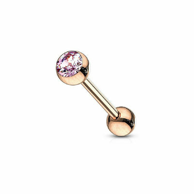 Tongue Barbell with Crystal Set Rose Gold IP Over Surgical Steel 14ga