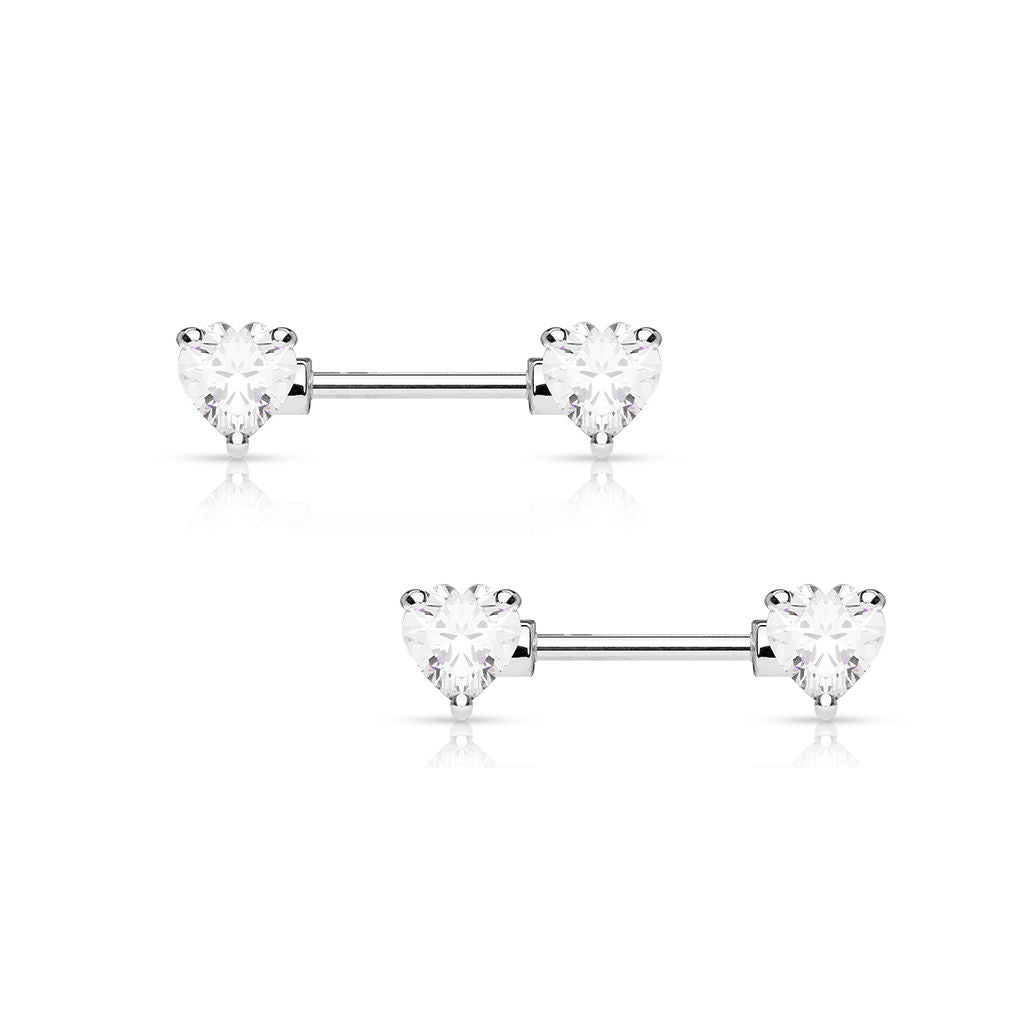 Pair of Nipple Barbells 14G Surgical Steel with Heart Shaped Prong Set CZ Gems