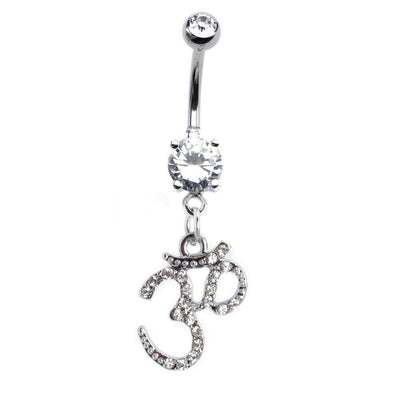 Om Symbol Dangle-Style Belly Ring - 316L Steel - 14ga - 7/16" Length - 23 Gems
