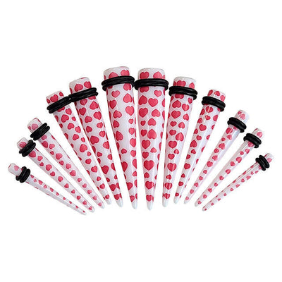 12pc Taper Ear Stretcher O-Ring Kit Acrylic Pink Hearts Design 6g to 12mm 1/2"..