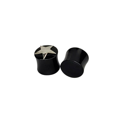 Pair of Organic Bone Solid Ear Plugs Double Flare with Silver Star Design