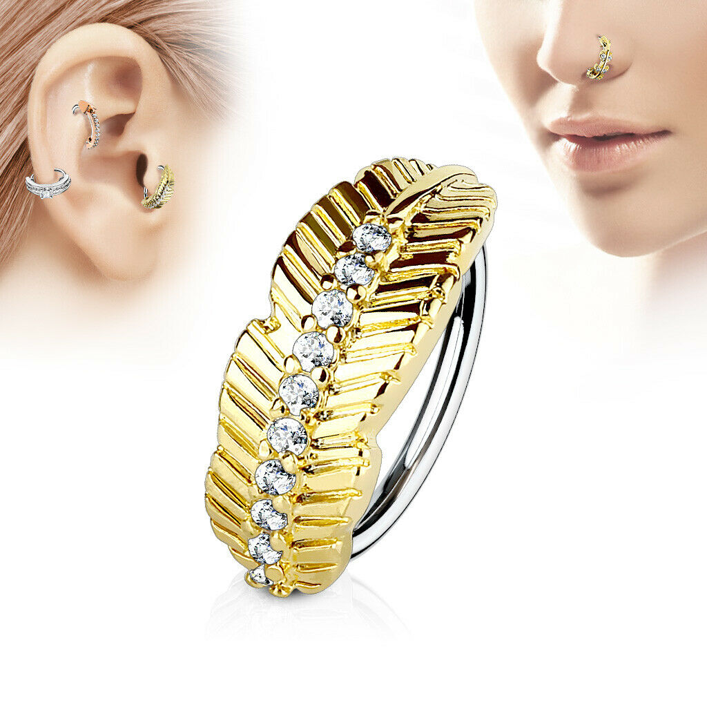 Nose and Cartilage Bendable Hoop Ring with Leaf Design and Paved Cubic Zirconias