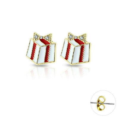 Holiday Earrings Studs Gold Plated Gem Enamel Present Gift Box Included
