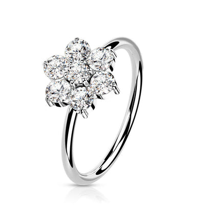 Bendable Hoop ring 14K Gold Opal or CZ Set Flower 20 Gauge Good for Nose and Ear