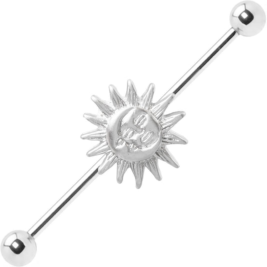 Industrial Barbell Sun Moon Charm 14ga Cartilage 316L Surgical Steel + Extra Bar