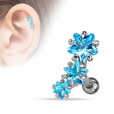 Cartilage Tragus Piercing Bar - Triple Star CZ Prong-Set - 316L Surgical Steel