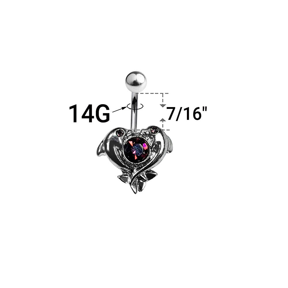 Belly Navel Ring Surgical Steel Dolphin with Purple Heart CZ Gem 14g