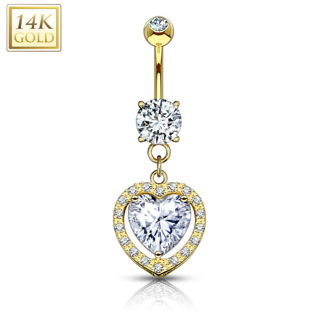 Belly button Ring 14kt Solid Gold Heart Dangle with Heart Shaped Solitaire CZ