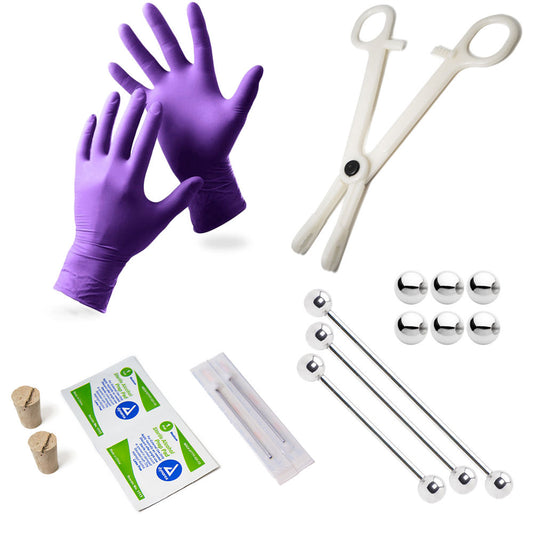 Industrial Piercing Kit 17pcs - 3 Barbell, Cork, Needles, Gloves, Forcep & Wipes