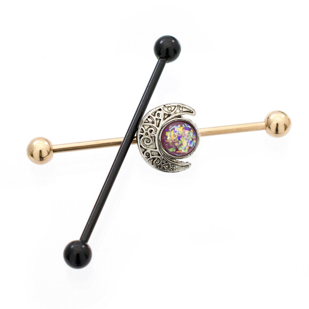 Industrial Barbells with Opal and Moon Charms Rose Gold IP and Black IP Barbells