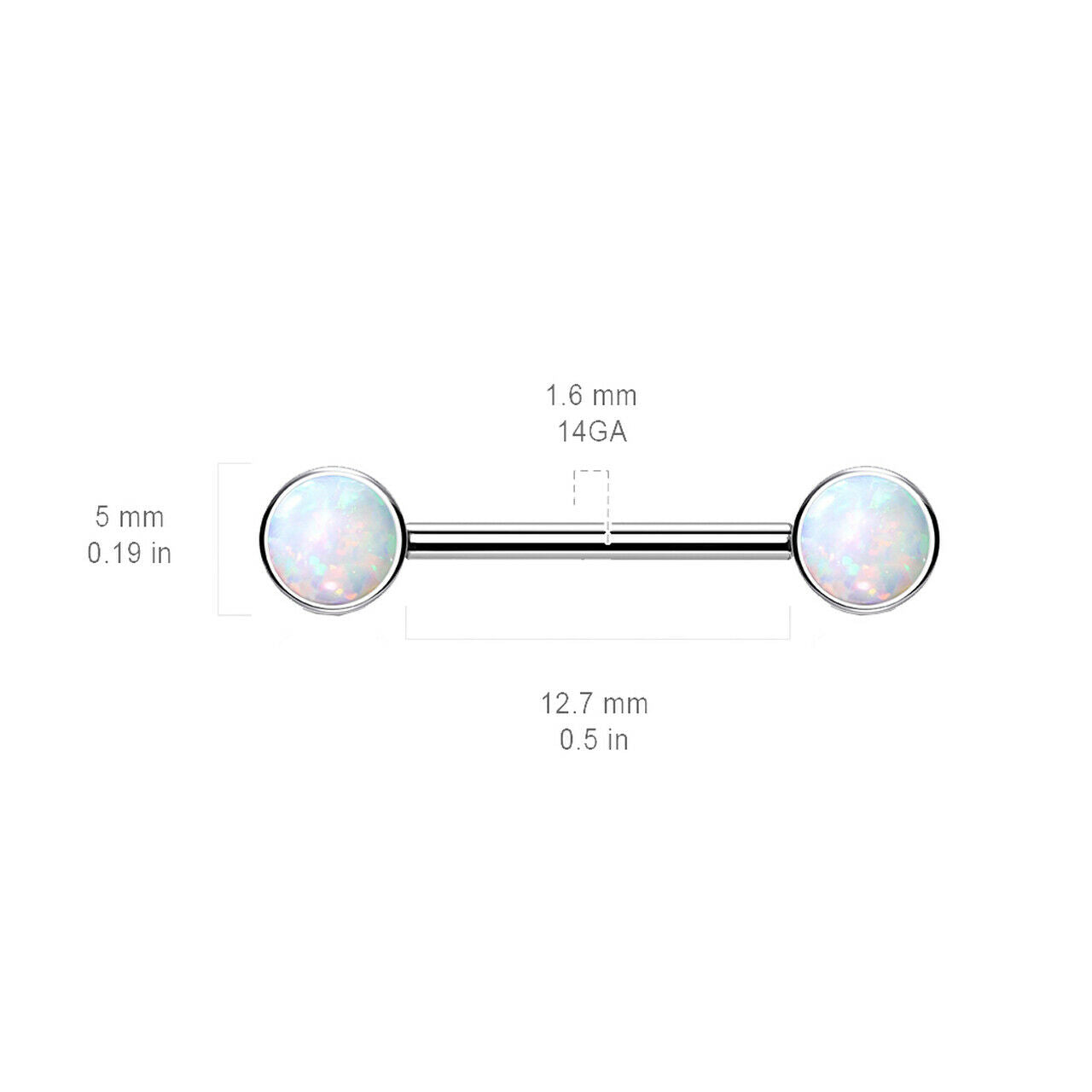 Nipple Barbells with Opal Bezel Set Tops Implant Grade Titanium 14G