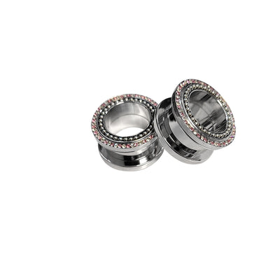 Pair of Surgical Steel Screw Fit Ear Plug with Pink & Clear CZ Gems