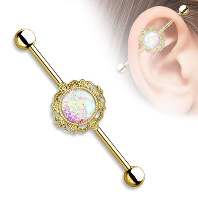 Industrial Piercing Barbell 14G Opalite Glitter Center with Filigree Detail Surgical Steel