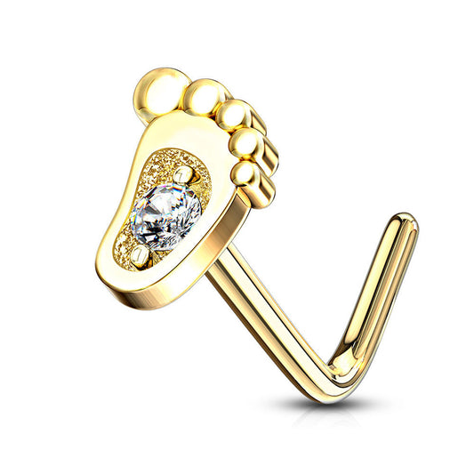 Nose Ring L-shape 14Kt. Gold with Micro CZ Center Set Baby Foot Design 20ga