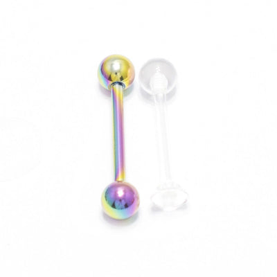 Tongue Rings Barbell Nipple 2pcs Surgical Steel Bar + Clear Retainer 14G 16mm