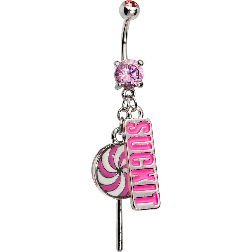 14ga Belly Ring Pink CZ Gem and Lollipop Dangle with 'Suck It' Tag 316L Steel