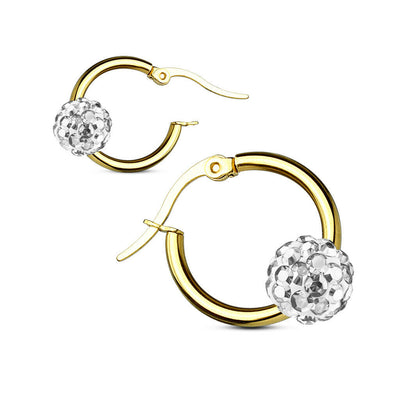 Pair of Colored Crystal Ball Gold IP 316L Surgical Steel Hoop Earring 12g