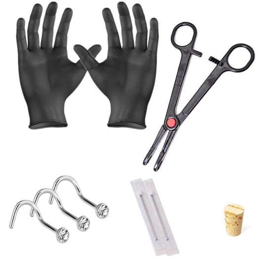 Nose Piercing Kit - 20ga Nose Studs, 20ga Needles, Forceps, Large Gloves & Cork