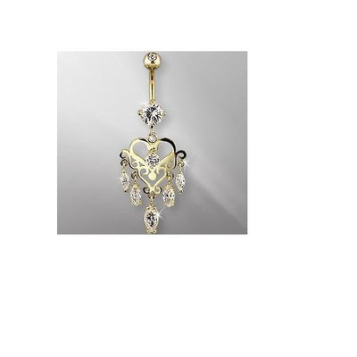 14 Karat Solid Yellow Gold Navel Ring with Marquise CZ Dangle Heart Chandelier