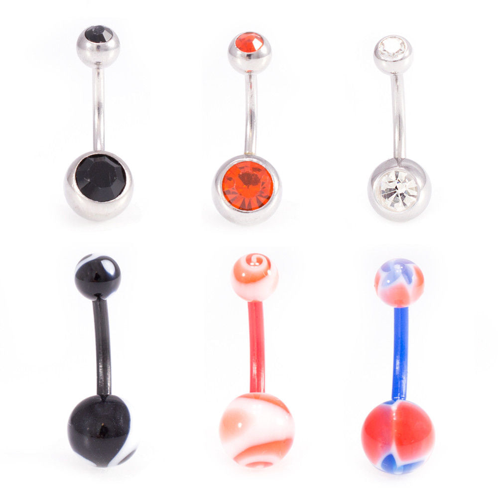 Belly Button Ring Package of 6 Navel Ring 3 Surgical Steel with CZ  and 3 Flexi