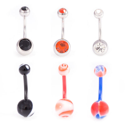 Belly Button Ring Package of 6 Navel Ring 3 Surgical Steel with CZ  and 3 Flexi